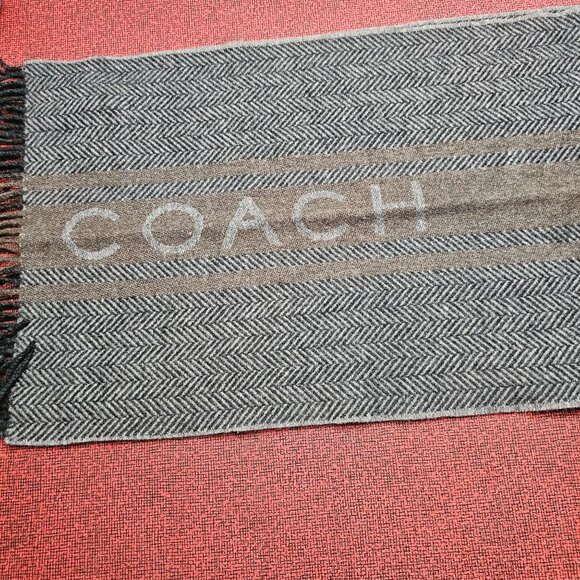 Coach Wool Cashmere Scarf Herringbone & Stripe With Fringe 12"x66" Quiet Luxury - Picture 7 of 9